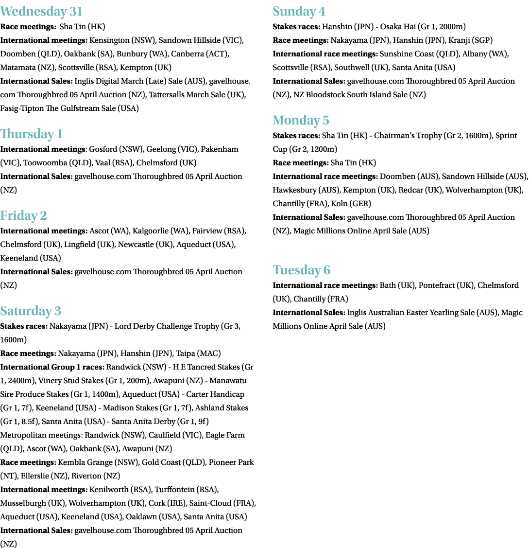 Wednesday 31 Race meetings: Sha Tin (HK) International meetings: Kensington (NSW), Sandown Hillside (VIC), Doomben (Q   