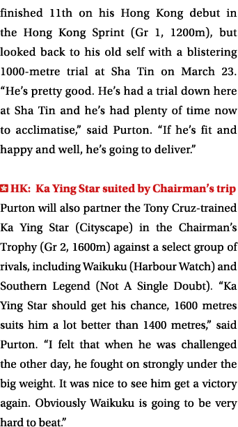 finished 11th on his Hong Kong debut in the Hong Kong Sprint (Gr 1, 1200m), but looked back to his old self with a bl   