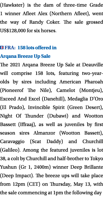 (Hawkster) is the dam of three-time Grade 1 winner Afleet Alex (Northern Afleet), went the way of Randy Coker  The sa   