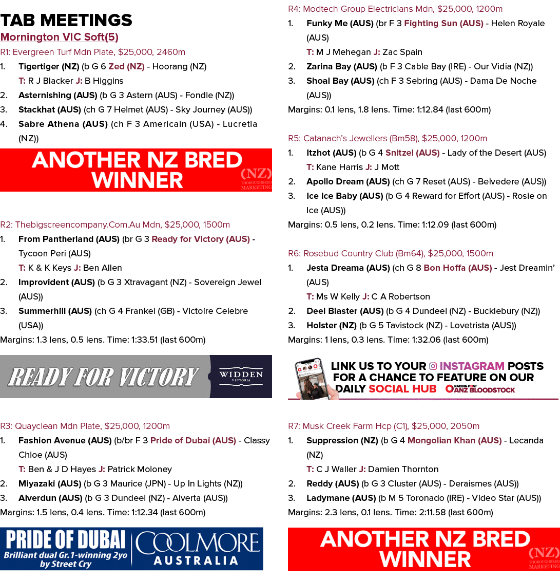 Tab Meetings Mornington VIC Soft(5) R1: Evergreen Turf Mdn Plate,  25,000, 2460m Tigertiger (NZ) (b G 6 Zed (NZ) - Ho   