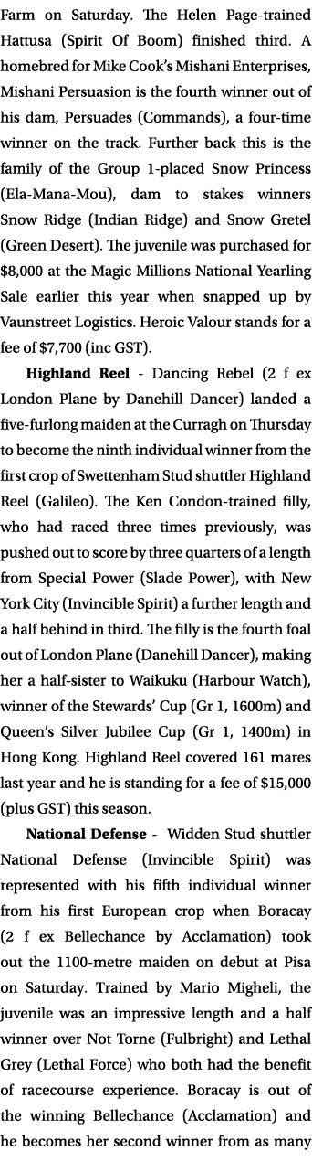 Farm on Saturday  The Helen Page-trained Hattusa (Spirit Of Boom) finished third  A homebred for Mike Cook s Mishani    