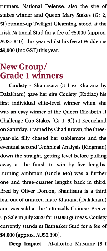 runners  National Defense, also the sire of stakes winner and Queen Mary Stakes (Gr 2, 5f) runner-up Twilight Gleamin   