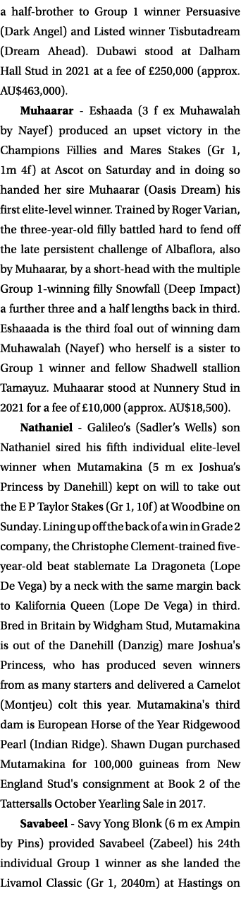 a half-brother to Group 1 winner Persuasive (Dark Angel) and Listed winner Tisbutadream (Dream Ahead)  Dubawi stood a   