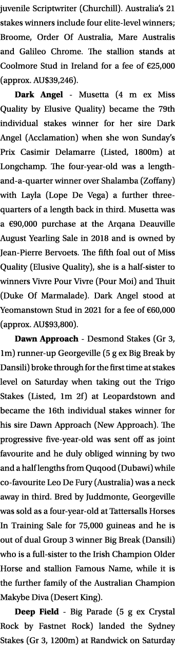 juvenile Scriptwriter (Churchill)  Australia s 21 stakes winners include four elite-level winners; Broome, Order Of A   