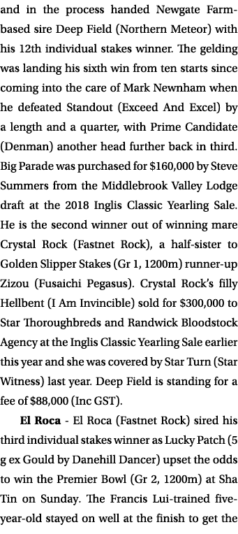 and in the process handed Newgate Farm-based sire Deep Field (Northern Meteor) with his 12th individual stakes winner   