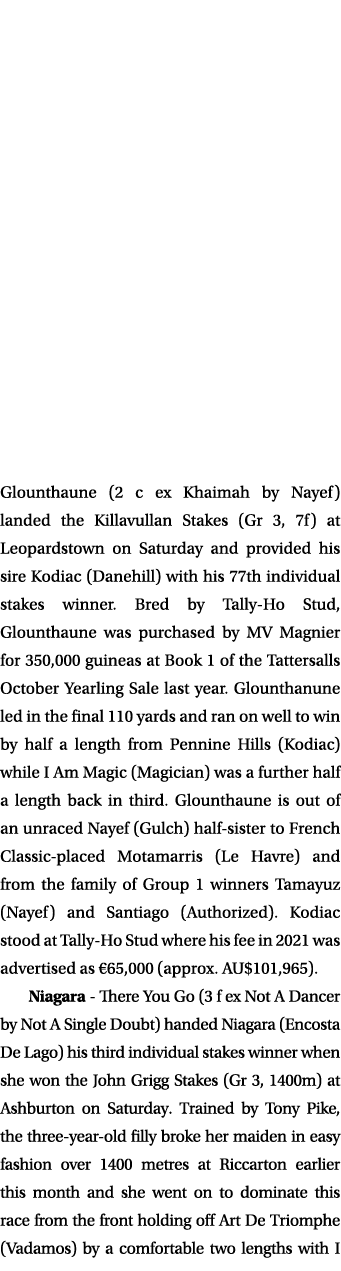 Glounthaune (2 c ex Khaimah by Nayef) landed the Killavullan Stakes (Gr 3, 7f) at Leopardstown on Saturday and provid   