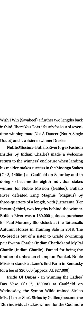 Wish I Win (Savabeel) a further two lengths back in third  There You Go is a fourth foal out of seven-time-winning ma   