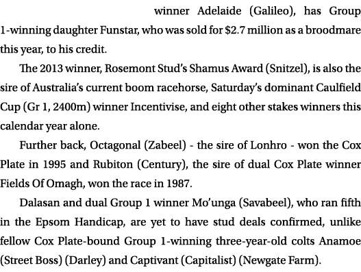 winner Adelaide (Galileo), has Group 1-winning daughter Funstar, who was sold for  2 7 million as a broodmare this ye   