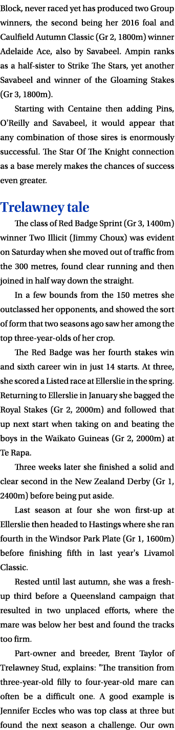 Block, never raced yet has produced two Group winners, the second being her 2016 foal and Caulfield Autumn Classic (G   