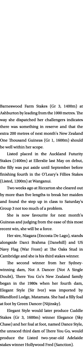 Barneswood Farm Stakes (Gr 3, 1400m) at Ashburton by leading from the 1000 metres  The way she dispatched her challen   