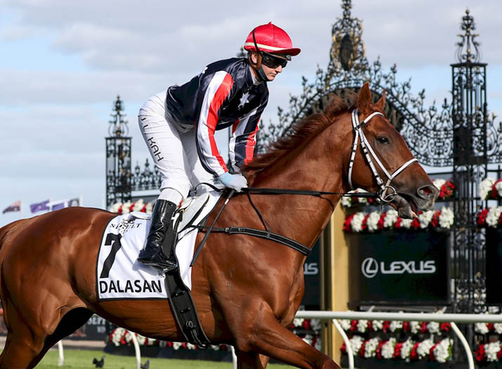 Dalasan ridden by Jamie Kah heads to the barrier before the Seppelt Mackinnon Stakes at Flemington Racecourse on November 07, 2020 in Flemington, Australia  (George Salpigtidis Racing Photos)