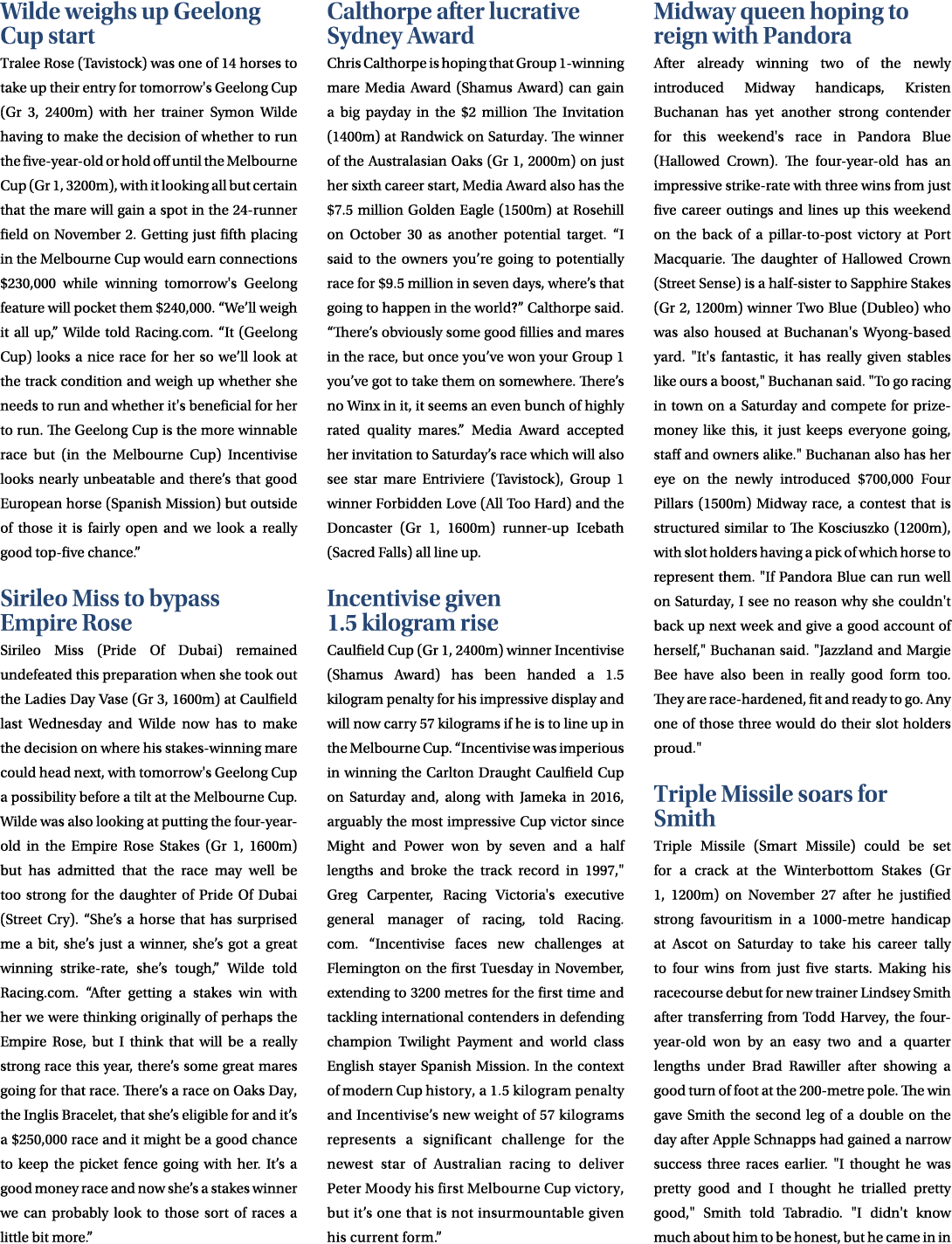 Wilde weighs up Geelong Cup start Tralee Rose (Tavistock) was one of 14 horses to take up their entry for tomorrow's    