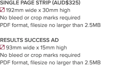 SINGLE PAGE STRIP (AUD 325)  192mm wide x 30mm high No bleed or crop marks required PDF format, filesize no larger th   