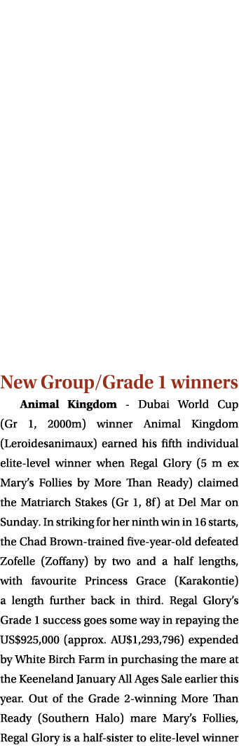 New Group Grade 1 winners Animal Kingdom - Dubai World Cup (Gr 1, 2000m) winner Animal Kingdom (Leroidesanimaux) earn   