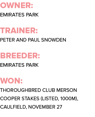 Owner: Emirates Park Trainer: Peter and Paul Snowden  Breeder: Emirates Park Won: Thoroughbred Club Merson Cooper Sta   
