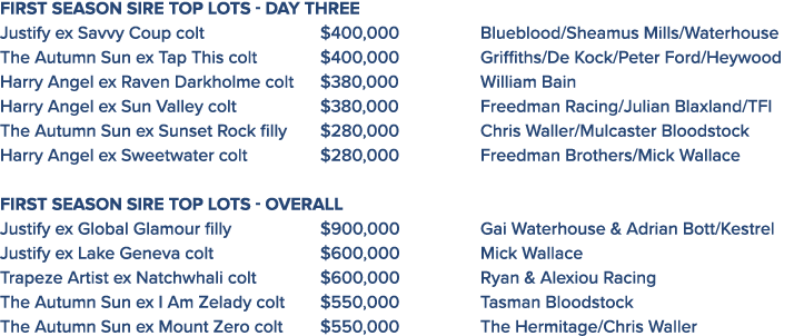 First season sire top lots - Day Three Justify ex Savvy Coup colt  400,000 Blueblood Sheamus Mills Waterhouse The Aut   
