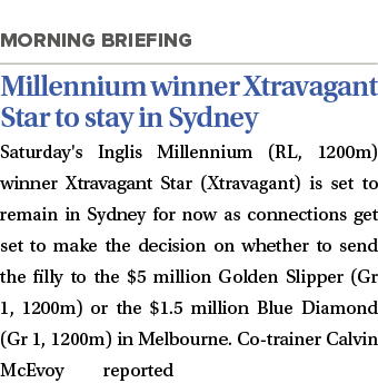 Millennium winner Xtravagant Star to stay in Sydney Saturday's Inglis Millennium (RL, 1200m) winner Xtravagant Star    