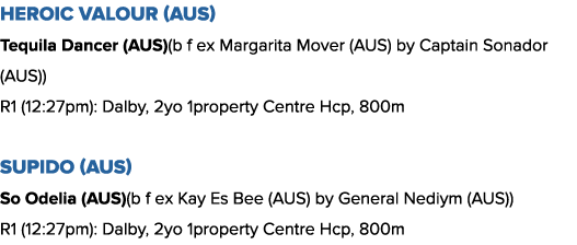 Heroic Valour (AUS) Tequila Dancer (AUS)(b f ex Margarita Mover (AUS) by Captain Sonador (AUS)) R1 (12:27pm): Dalby,    