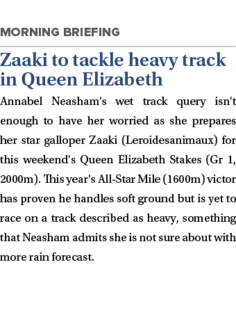  Zaaki to tackle heavy track in Queen Elizabeth Annabel Neasham's wet track query isn't enough to have her worried as   