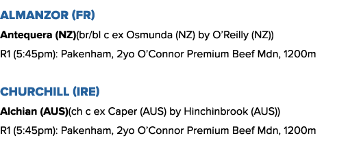 Almanzor (FR) Antequera (NZ)(br bl c ex Osmunda (NZ) by O Reilly (NZ)) R1 (5:45pm): Pakenham, 2yo O Connor Premium Be   