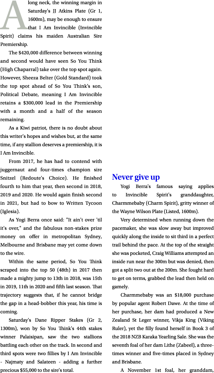 A long neck, the winning margin in Saturday's JJ Atkins Plate (Gr 1, 1600m), may be enough to ensure that I Am Invinc...