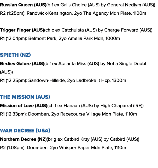 Russian Queen (AUS)(b f ex Gai’s Choice (AUS) by General Nediym (AUS)) R2 (1:25pm): Randwick-Kensington, 2yo The Agen...