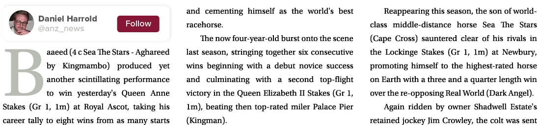  Baaeed (4 c Sea The Stars - Aghareed by Kingmambo) produced yet another scintillating performance to win yesterday's...