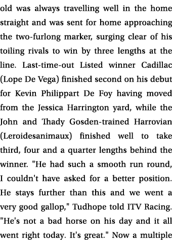 old was always travelling well in the home straight and was sent for home approaching the two-furlong marker, surging...