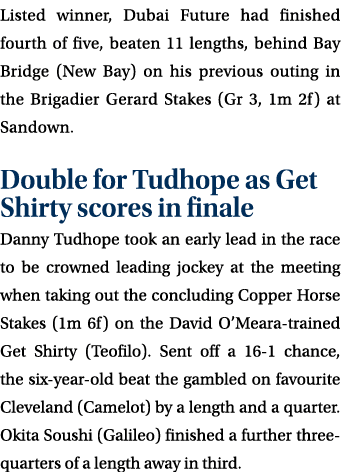 Listed winner, Dubai Future had finished fourth of five, beaten 11 lengths, behind Bay Bridge (New Bay) on his previo...