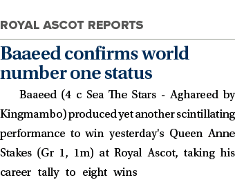  Baaeed confirms world number one status Baaeed (4 c Sea The Stars - Aghareed by Kingmambo) produced yet another scin...