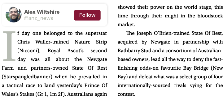  If day one belonged to the superstar Chris Waller-trained Nature Strip (Nicconi), Royal Ascot’s second day was all a...