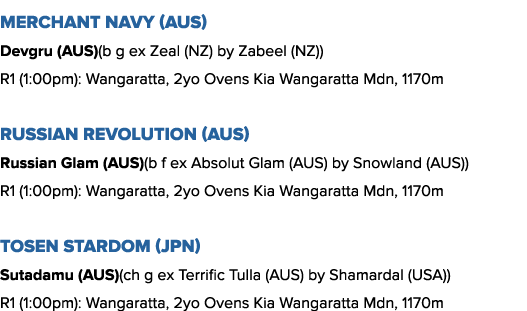 Merchant Navy (AUS) Devgru (AUS)(b g ex Zeal (NZ) by Zabeel (NZ)) R1 (1:00pm): Wangaratta, 2yo Ovens Kia Wangaratta M...