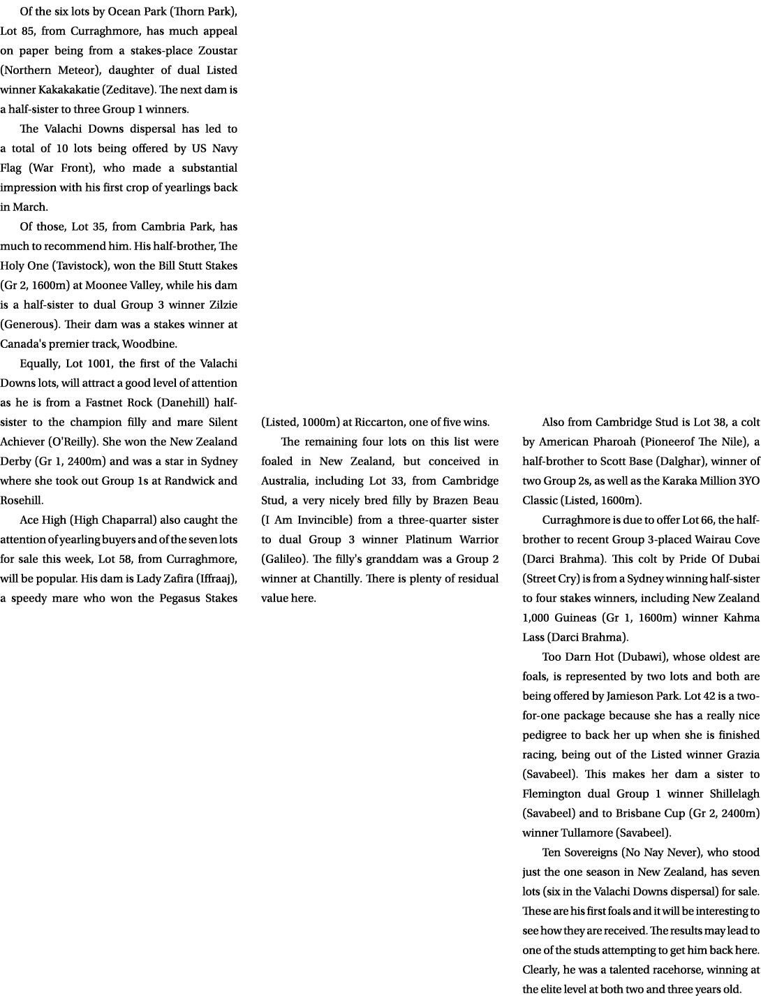 Of the six lots by Ocean Park (Thorn Park), Lot 85, from Curraghmore, has much appeal on paper being from a stakes-pl...