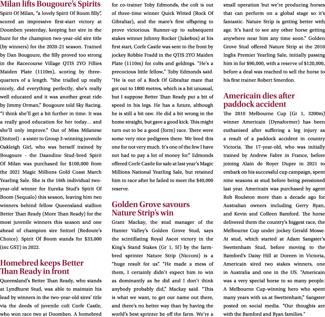 Milan lifts Bougoure’s Spirits Spirit Of Milan, “a lovely Spirit Of Boom filly”, scored an impressive first-start vic...