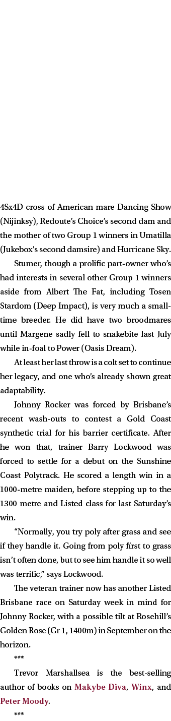 4Sx4D cross of American mare Dancing Show (Nijinksy), Redoute’s Choice’s second dam and the mother of two Group 1 win...