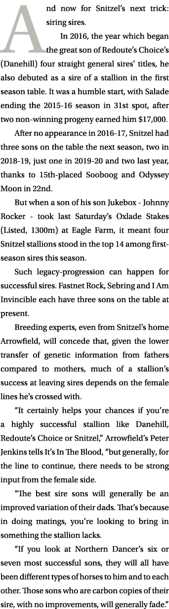 And now for Snitzel’s next trick: siring sires. In 2016, the year which began the great son of Redoute’s Choice’s (Da...