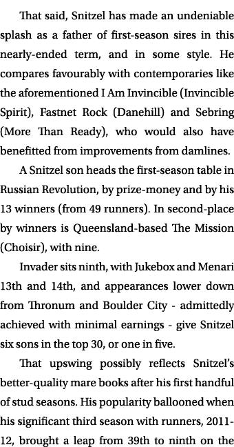 That said, Snitzel has made an undeniable splash as a father of first-season sires in this nearly-ended term, and in ...
