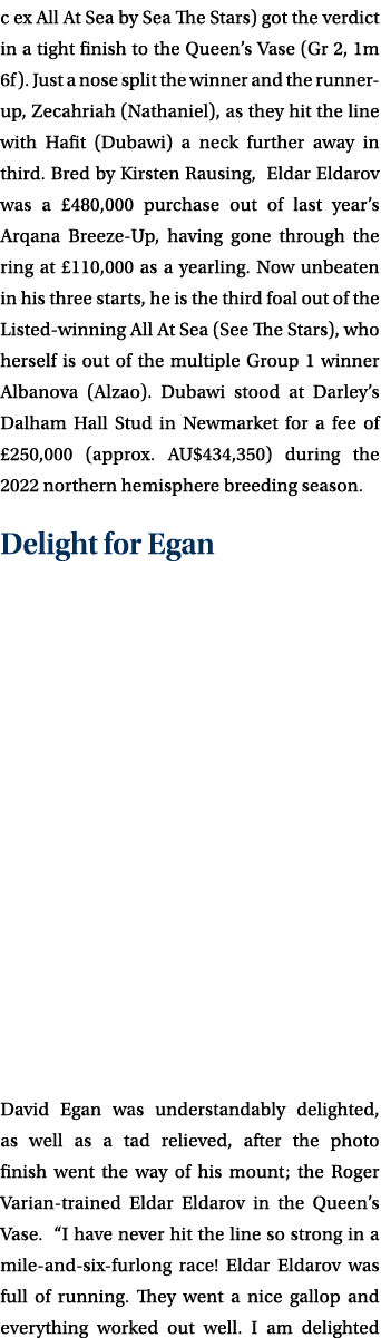 c ex All At Sea by Sea The Stars) got the verdict in a tight finish to the Queen’s Vase (Gr 2, 1m 6f). Just a nose sp...