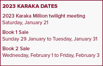 2023 Karaka dates 2023 Karaka Million twilight meeting Saturday, January 21 Book 1 Sale Sunday 29 January to Tuesday,...