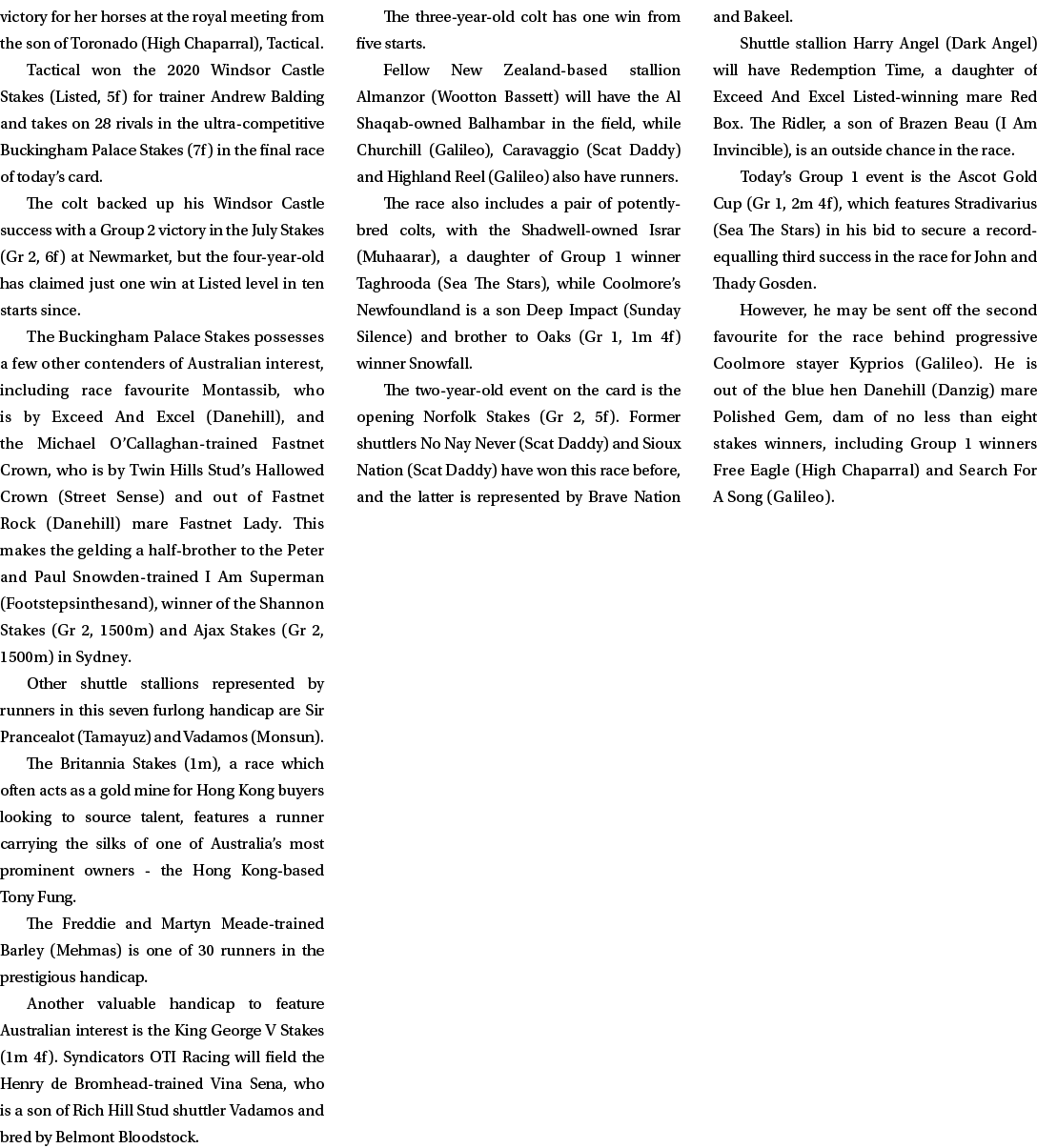 victory for her horses at the royal meeting from the son of Toronado (High Chaparral), Tactical. Tactical won the 202...