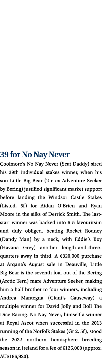 39 for No Nay Never Coolmore’s No Nay Never (Scat Daddy) sired his 39th individual stakes winner, when his son Little...