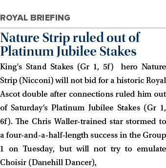  Nature Strip ruled out of Platinum Jubilee Stakes King's Stand Stakes (Gr 1, 5f) hero Nature Strip (Nicconi) will no...