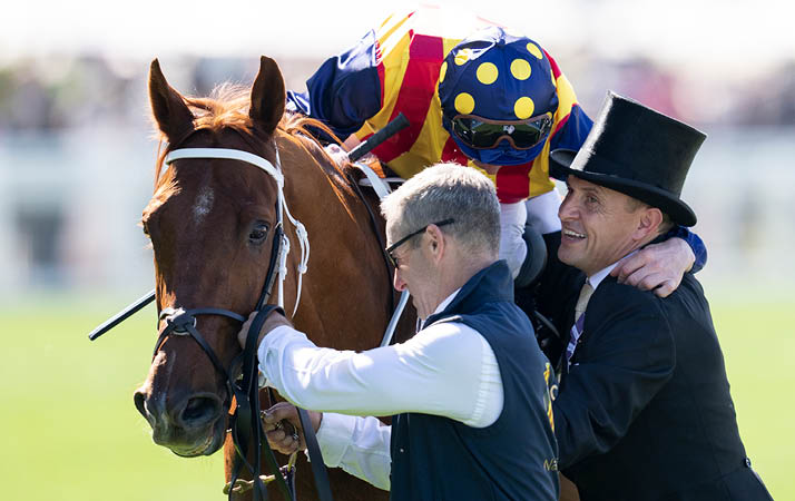 Nature Strip (James McDonald) greeted by Chris Waller after winning the King's Stand stakes Royal Ascot 14 6 22 Pic: Edward Whitaker