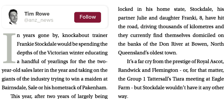  In years gone by, knockabout trainer Frankie Stockdale would be spending the depths of the Victorian winter educatin...