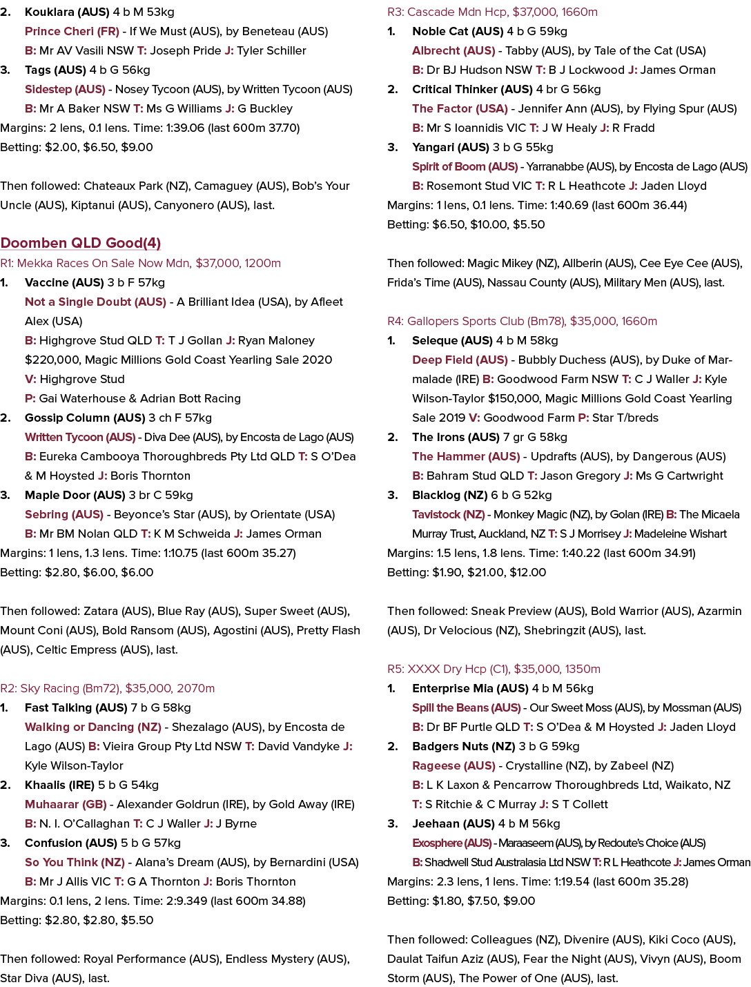 2. Kouklara (AUS) 4 b M 53kg Prince Cheri (FR) - If We Must (AUS), by Beneteau (AUS) B: Mr AV Vasili NSW T: Joseph Pr...