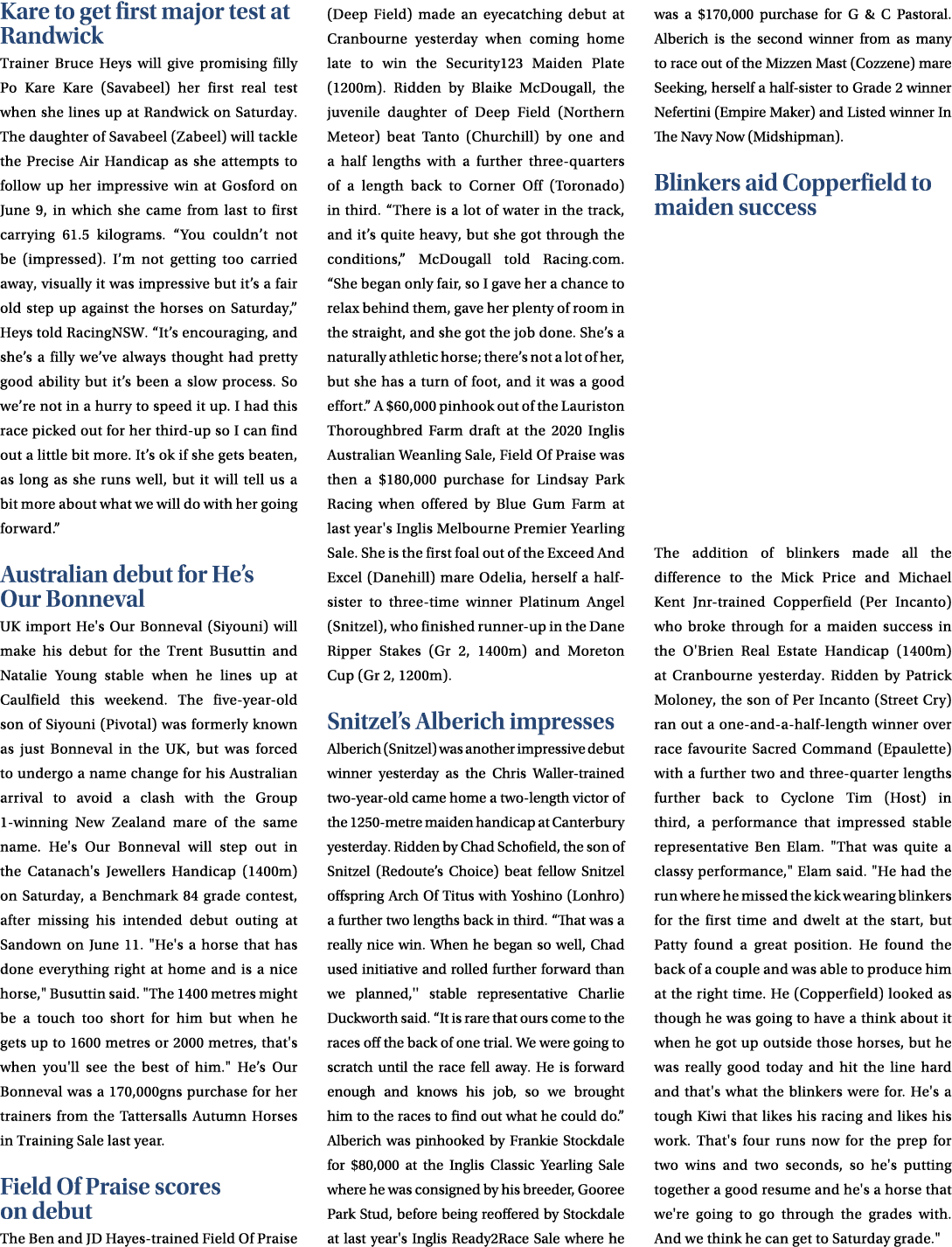Kare to get first major test at Randwick Trainer Bruce Heys will give promising filly Po Kare Kare (Savabeel) her fir...