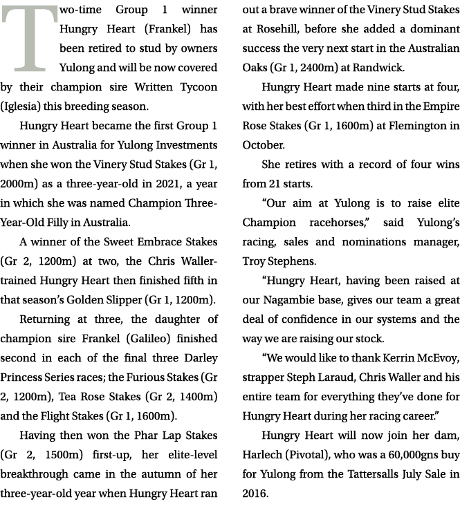 Two-time Group 1 winner Hungry Heart (Frankel) has been retired to stud by owners Yulong and will be now covered by t...