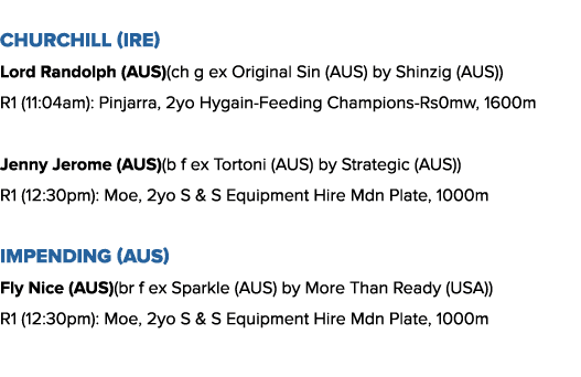 Churchill (IRE) Lord Randolph (AUS)(ch g ex Original Sin (AUS) by Shinzig (AUS)) R1 (11:04am): Pinjarra, 2yo Hygain-F...