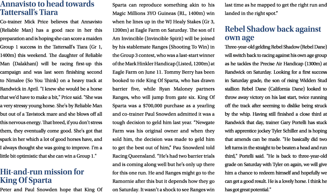 Annavisto to head towards Tattersall’s Tiara Co-trainer Mick Price believes that Annavisto (Reliable Man) has a good ...