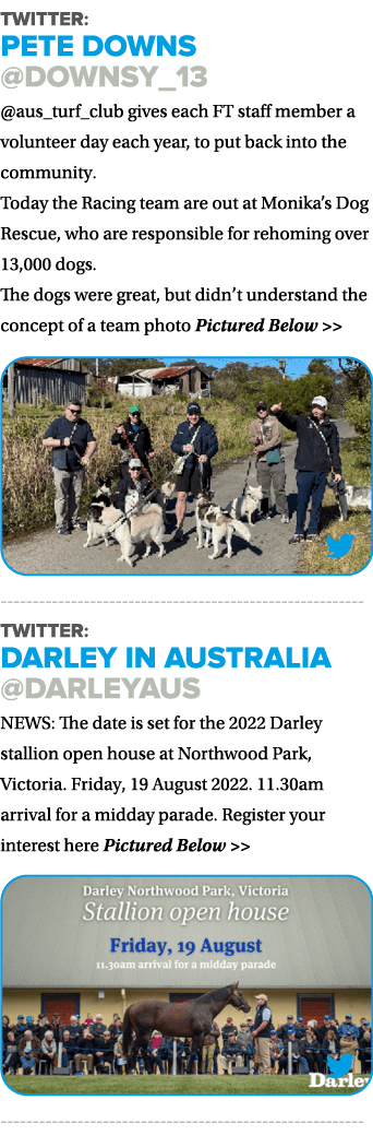 Twitter: Pete Downs @downsy_13 @aus_turf_club gives each FT staff member a volunteer day each year, to put back into ...